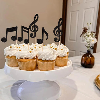 16PCS Music Notes Cupcake Toppers Black Glitter Musical Symbol Cupcake Picks for Rock Music Concert Theme Baby Shower Wedding B