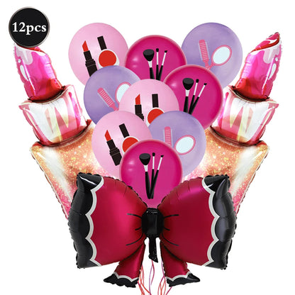 12pcs Spa Makeup Party Balloons Set Lipstick Lips High Heels Foil Ball Girl Bachelor Party Valentine's Day Wedding Bridal Shower