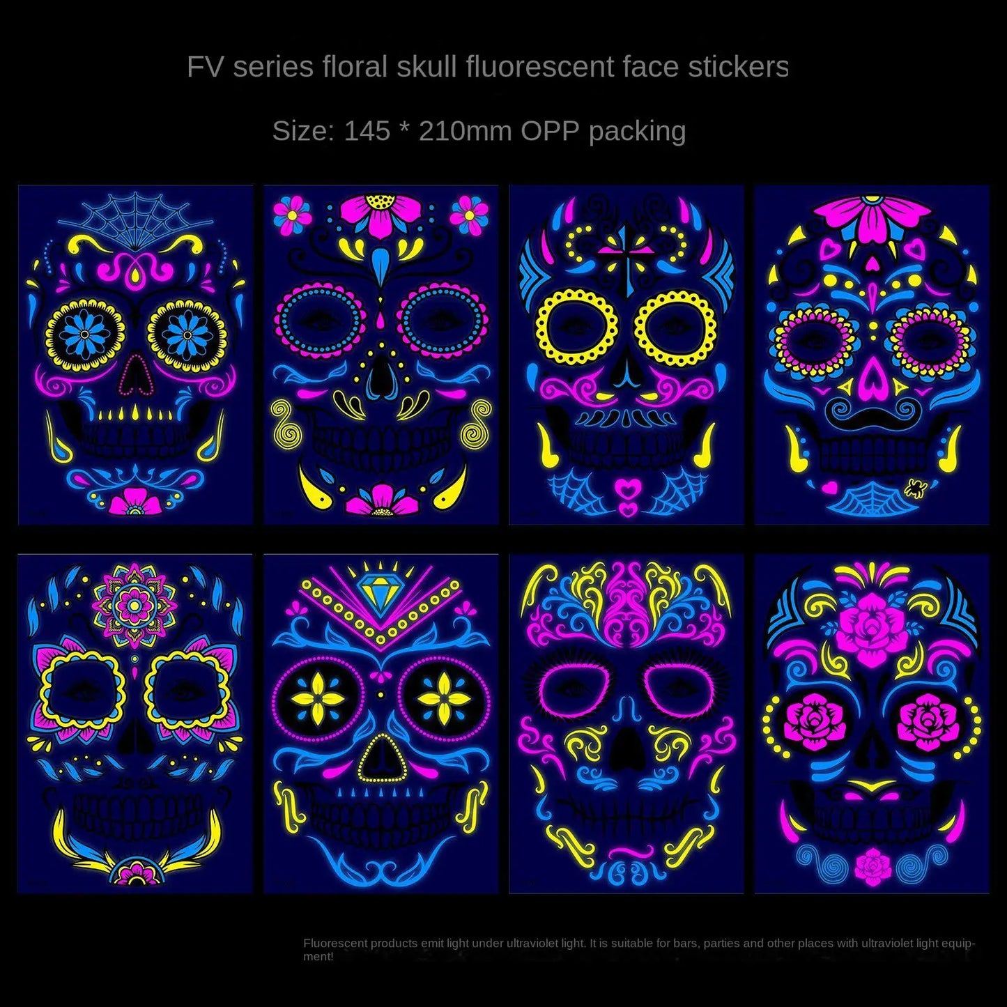 1/4/8PCS Waterproof Fluorescent Temporary Tattoo Neon Halloween Stickers Day of the Dead Party Festival Night Bar Face Stickers