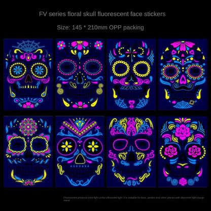 1/4/8PCS Waterproof Fluorescent Temporary Tattoo Neon Halloween Stickers Day of the Dead Party Festival Night Bar Face Stickers