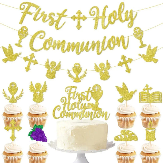 First Holy Communion Decorations First Primera Communion Banner Cake Topper Kit for Girls Boys Baptism Space Decorations