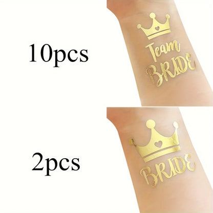 12pcs Combination Golden Team Bride Tattoo Sticker Bride To Be Bachelorette Party Hen Party Bridal Shower Wedding Party Decor