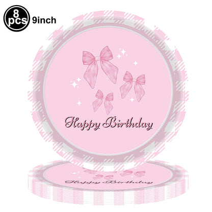 Pink Bow Plates Cups Napkins Forks for Coquette Birthday Decoration Pink Bow Theme Party Supplies for Girls Birthday Party Decor
