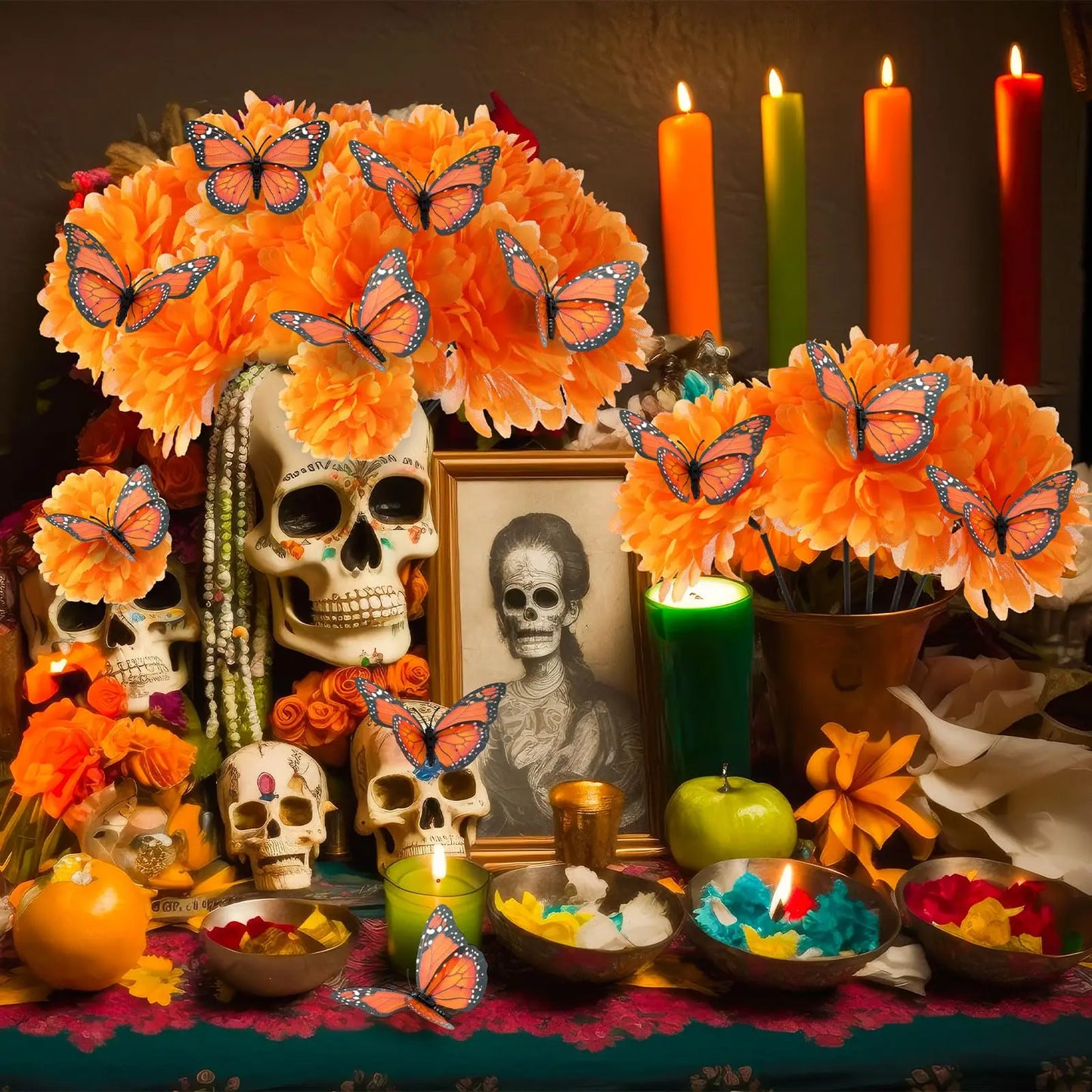 14~380pcs Day of the Dead Marigold Flower Garland Decorations Dia De Los Muertos ofrenda Altar with Monarch Butterfly Mexican