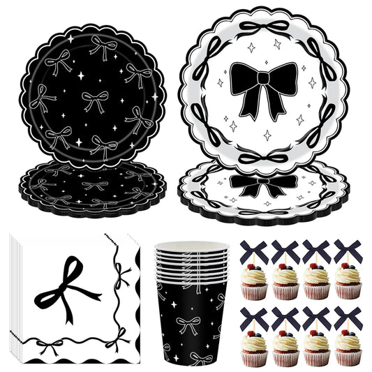 Black Bow Party Supplies Bow Birthday Party Dinner Plate Cup Napkin Toppers Bow Party Decors for Bachelorette Bridal Baby Shower