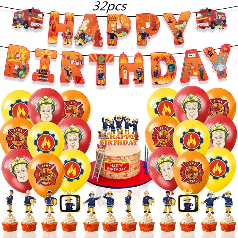 Firefighter Sam Party Supplies Plates Napkins Cups Tablecloth Banner Fire Truck Party Decorations Kids Boys Decor Supplies