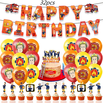 Firefighter Sam Party Supplies Plates Napkins Cups Tablecloth Banner Fire Truck Party Decorations Kids Boys Decor Supplies
