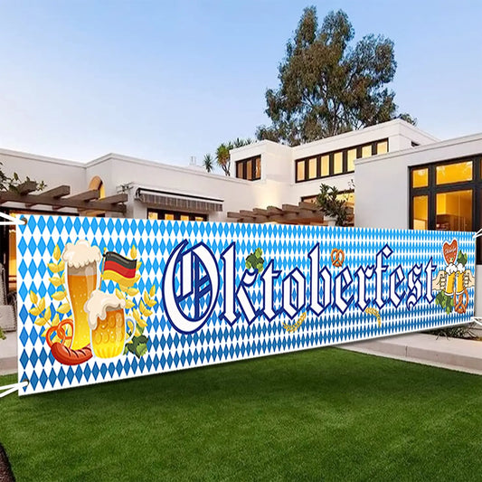 Oktoberfest Fence Banner for German October Fest Themed Party Decoration Blue Bavarian Flag Hanging Banner for Beer Party Supply