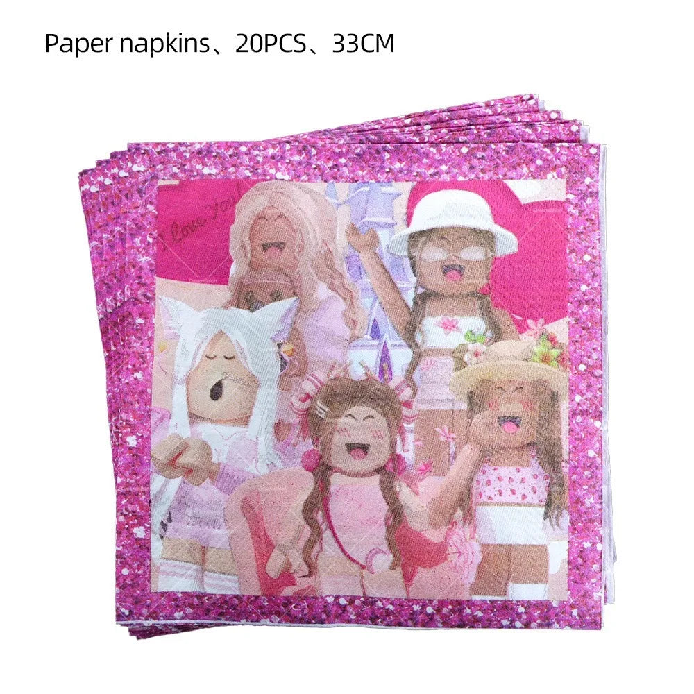 Pink Roblox Balloons Happy Birthday Banner Party Decoration Hot Robot Game Cake Topper Disposable Tableware Kids Girl Background