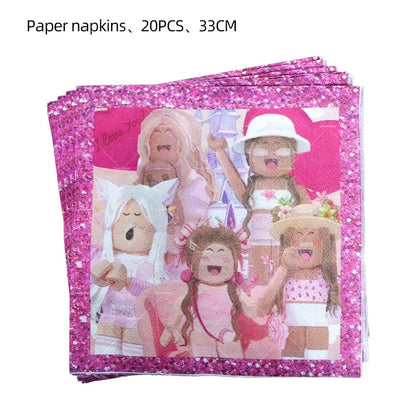 Pink Roblox Balloons Happy Birthday Banner Party Decoration Hot Robot Game Cake Topper Disposable Tableware Kids Girl Background