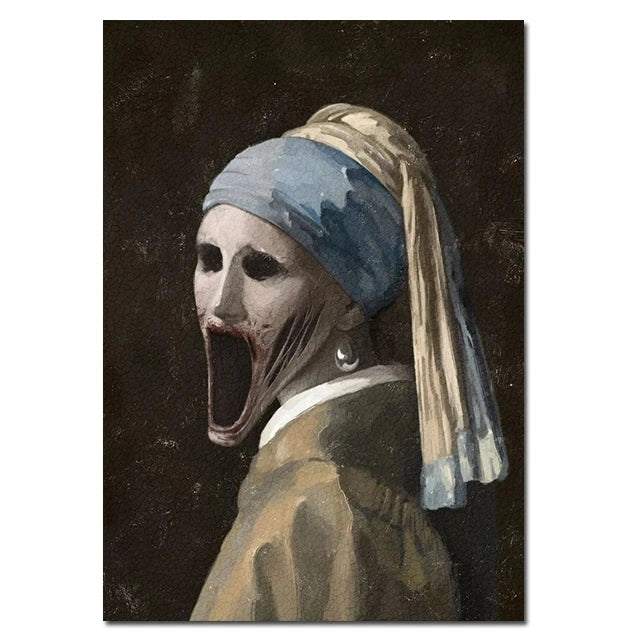 Creepy Famous Painting Character Mona Lisa Canvas Painting Print Poster Scary Wall Art Pictures Horror Figure Wall Decor Mural