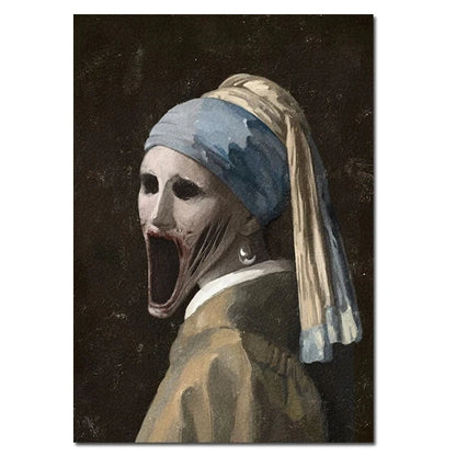 Creepy Famous Painting Character Mona Lisa Canvas Painting Print Poster Scary Wall Art Pictures Horror Figure Wall Decor Mural