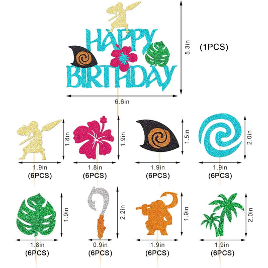 Moana Cake Topper Glittery Cupcake Toppers Hawaiian Birthday Party Decoration for Tropical Luau Summer Party Baby Shower Wedding