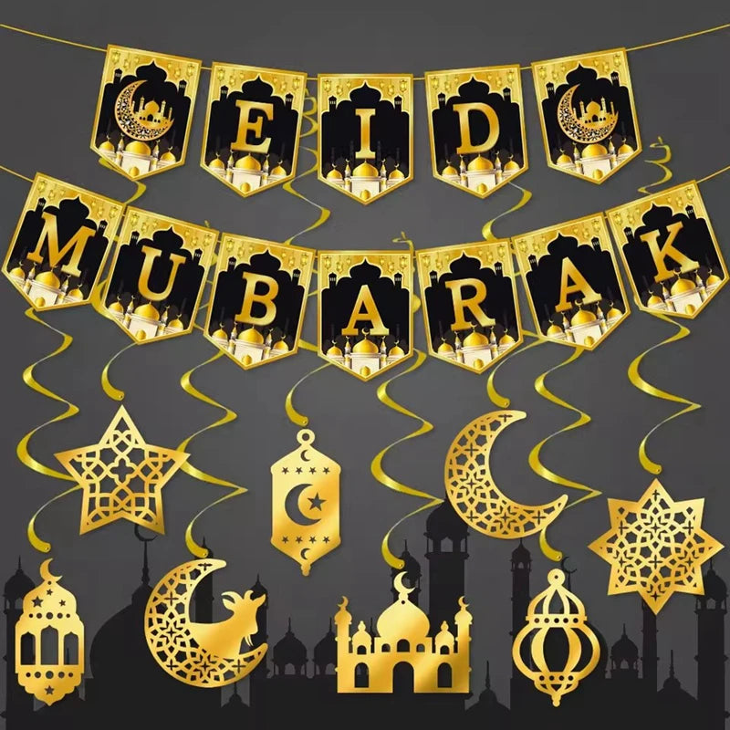Eid Mubarak Paper Banner Garland 2025 Ramadan Moon Star Mosque Hanging Swirl Home Decoration Ornaments Islamic Muslim Party Gift