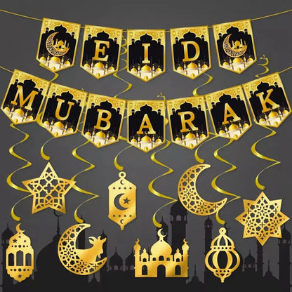 Eid Mubarak Paper Banner Garland 2025 Ramadan Moon Star Mosque Hanging Swirl Home Decoration Ornaments Islamic Muslim Party Gift
