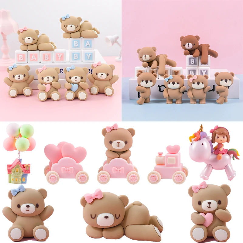 New 3D Pink Blue Bear Cake Topper Cute Mini Bear Doll Cake Decoration Boy Girl Birthday Party Gender Reveal Baby Shower Supplies