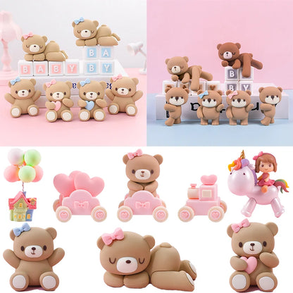 New 3D Pink Blue Bear Cake Topper Cute Mini Bear Doll Cake Decoration Boy Girl Birthday Party Gender Reveal Baby Shower Supplies