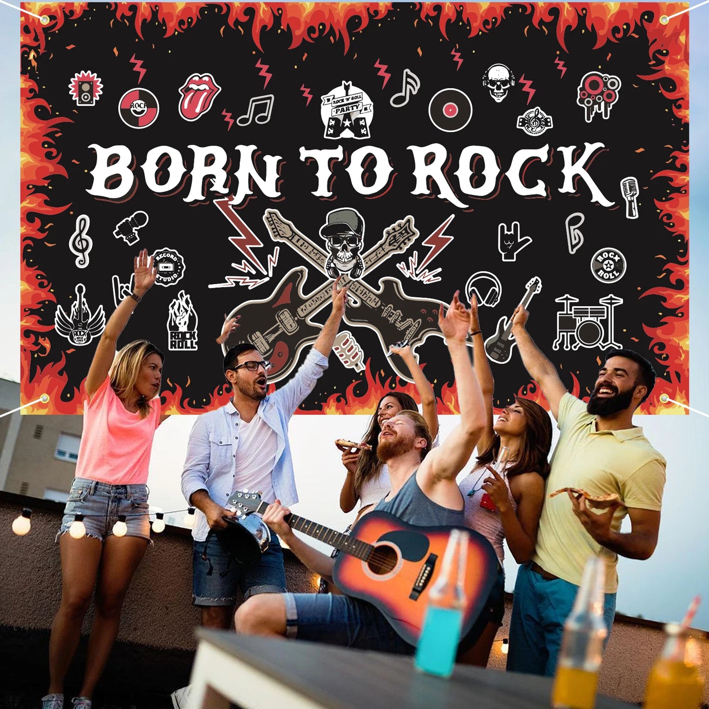 1pc Born to Rock Backdrop Banner, Extra Large 1950's Rock and Roll Party Decorations, Rock Star Music Theme Birthday Party Suppl