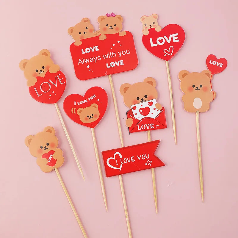 Heart Bear Cake Topper Toppers Flag I Love You Happy Valentine's Day Anniversary Baking Cake Dessert DIY Decor Party Supplies