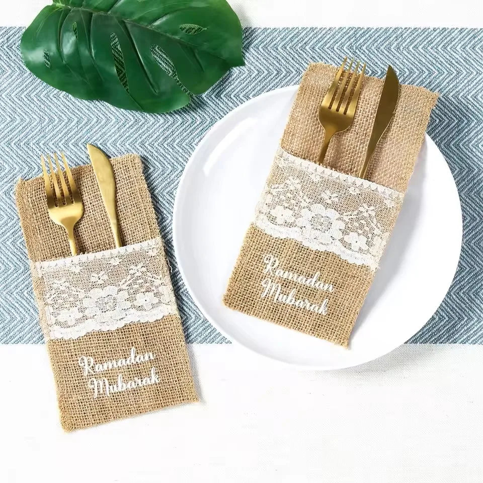 Eid Mubarak Burlap Cutlery Pouch Ramadan Decor for Home 2025 Table Decor Ramadan Kareem Islamic Muslim Party Eid Al-Fitr Gifts