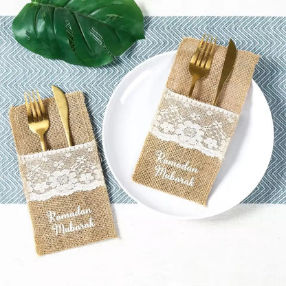 Eid Mubarak Burlap Cutlery Pouch Ramadan Decor for Home 2025 Table Decor Ramadan Kareem Islamic Muslim Party Eid Al-Fitr Gifts
