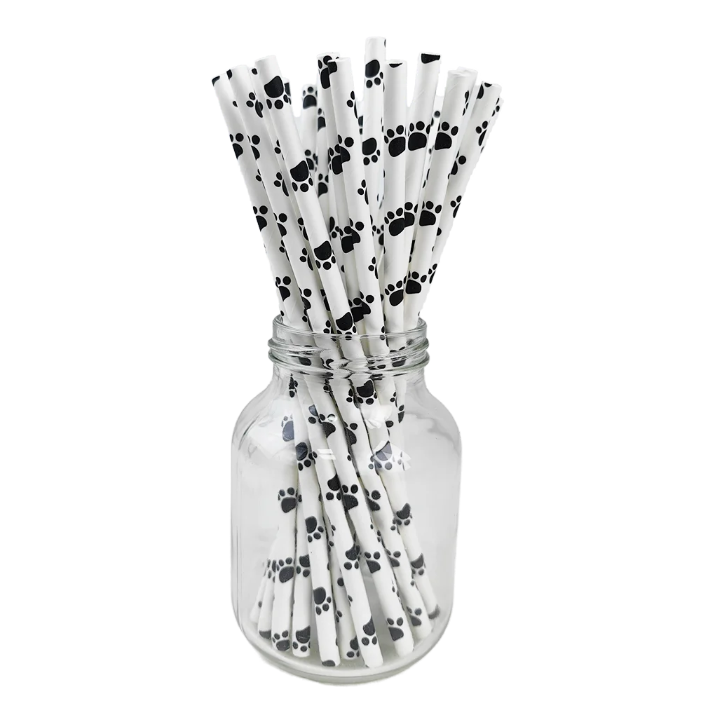25/50/100/200pcs Dog Paw Print Paper Straws Animal Dog Puppy Straws Dog Themed Drinking Straws for Puppy Birthday Party Decors