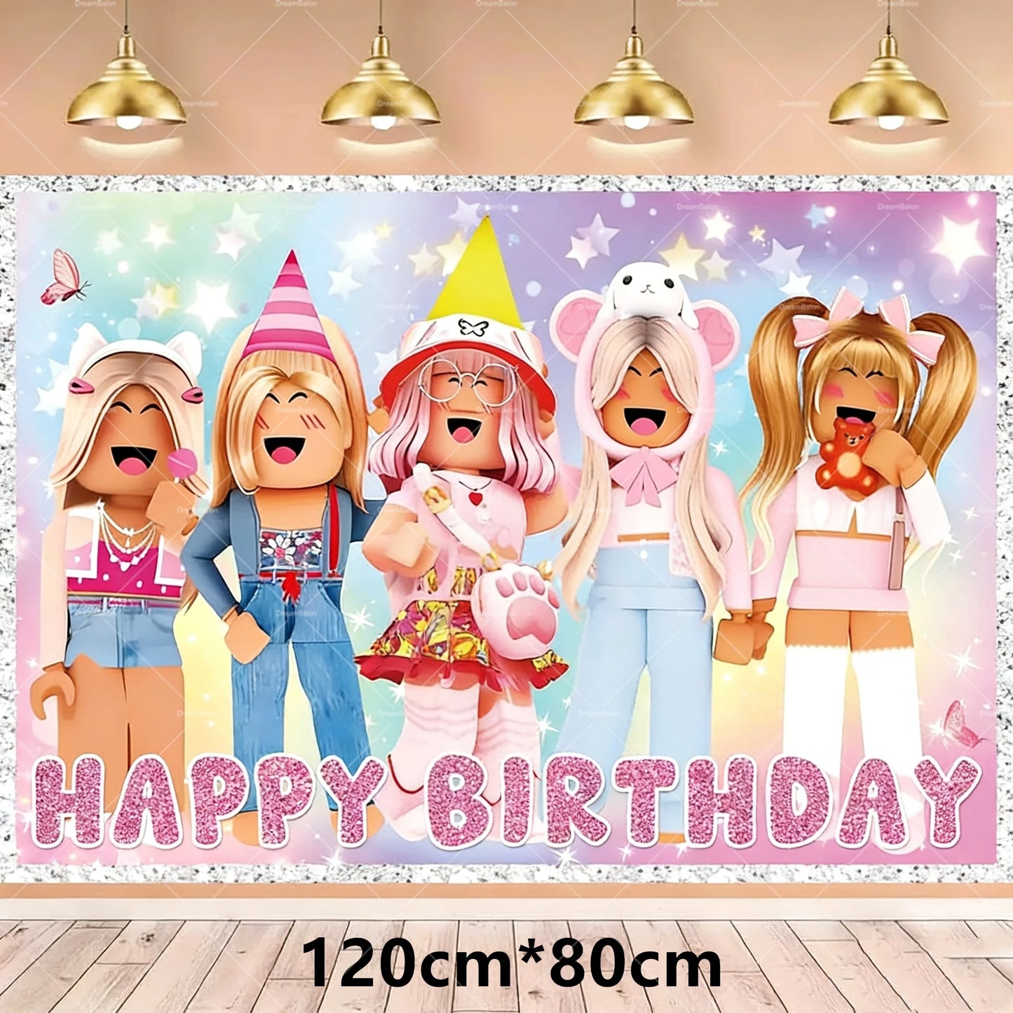Pink Roblox Balloons Happy Birthday Banner Party Decoration Hot Robot Game Cake Topper Disposable Tableware Kids Girl Background