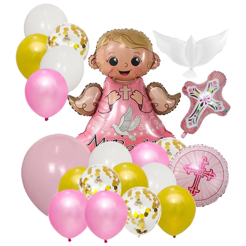 God Bless Balloons Banner Jesus Cross Ballons Baby Shower Boy Girl First Holy Communion Party Easter Baptism Forked Christening