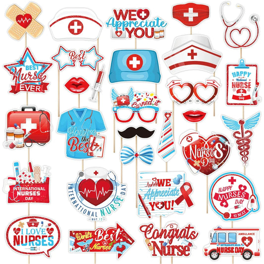 30Pcs Nurse Day Theme Photo Booth Props Thank You Nurses Dress Up Paper Masks for Congrats Nurse Graduation Party Decoration
