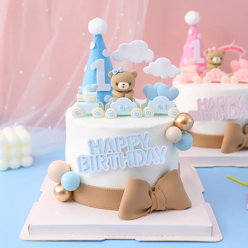 New 3D Pink Blue Bear Cake Topper Cute Mini Bear Doll Cake Decoration Boy Girl Birthday Party Gender Reveal Baby Shower Supplies