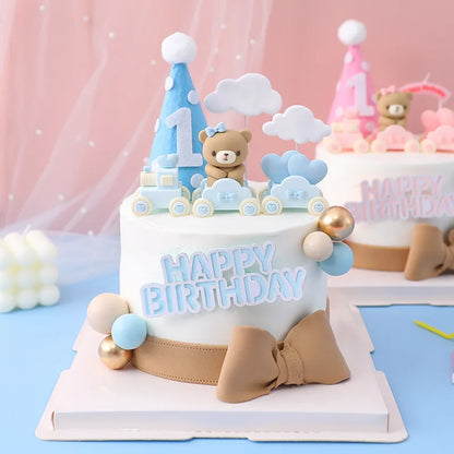 New 3D Pink Blue Bear Cake Topper Cute Mini Bear Doll Cake Decoration Boy Girl Birthday Party Gender Reveal Baby Shower Supplies