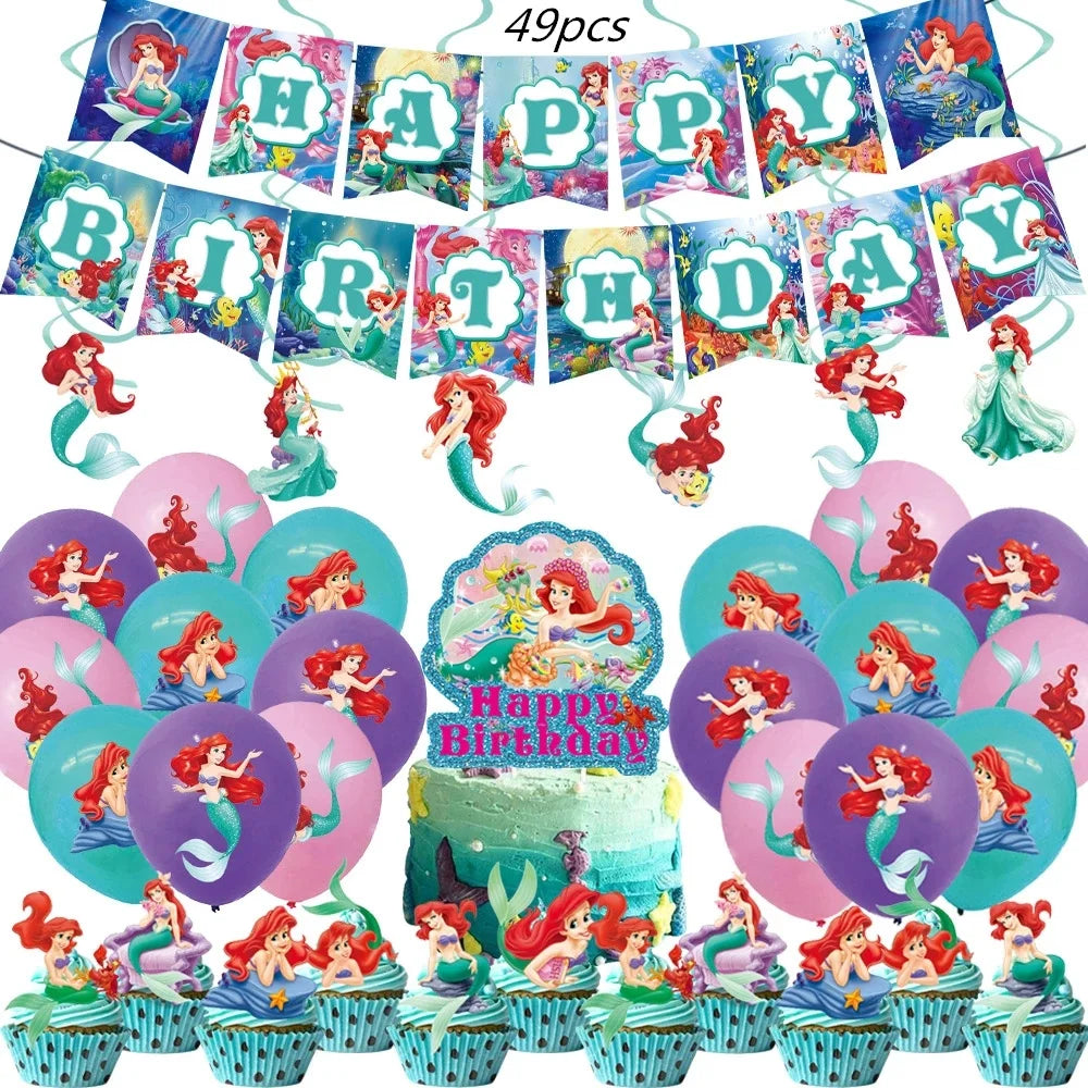 The Little Mermaid Theme Party Supplies  Ariel Princess Paper Napkin Plate Cup Balloons Kid Girls Birthday Party Decoration Gift