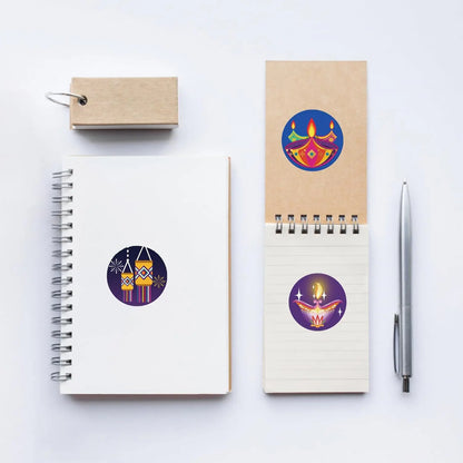 Happy Diwali stickers Colorful different styles Round Diwali stickers Indian Festival of Lights party decoration