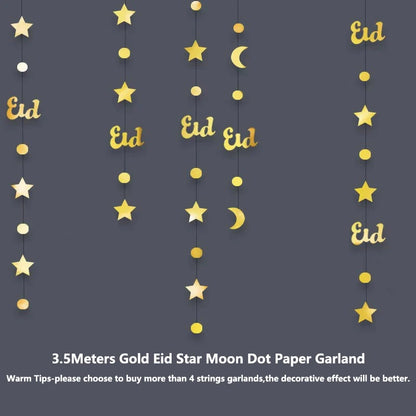 Gold Star Moon Circle Dot Crescent Lamp Eid Paper Garland Gold Mubarak Ramadan Streamer Backdrop Muslim Party Banner Decorations
