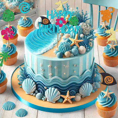 Moana Cake Topper Glittery Cupcake Toppers Hawaiian Birthday Party Decoration for Tropical Luau Summer Party Baby Shower Wedding