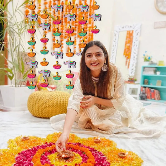 Happy Diwali Festival Hanging Flower wreath Lighting Decoration Door Curtain Flowing Light Indoor and Outdoor Hanging Decoration