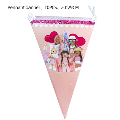Pink Roblox Balloons Happy Birthday Banner Party Decoration Hot Robot Game Cake Topper Disposable Tableware Kids Girl Background