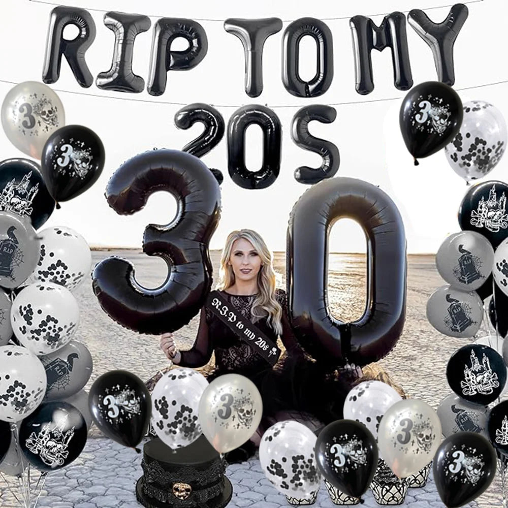 RIP to My 20s Supplies Banner Garland Backdrop Tablecloth Rip Sash Cake Topper Balloon Funeral Youth Funny Thirtieth Party Decor