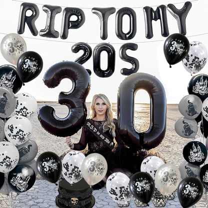 RIP to My 20s Supplies Banner Garland Backdrop Tablecloth Rip Sash Cake Topper Balloon Funeral Youth Funny Thirtieth Party Decor