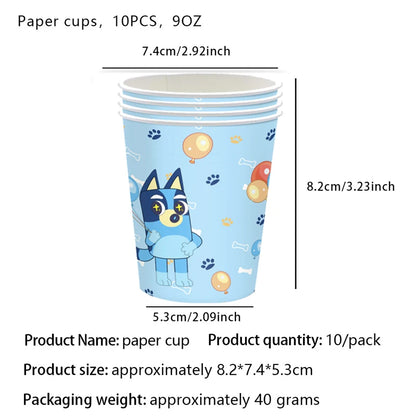 Cartoon Animation Bluey Theme Birthday Party Supplie Disposable Tableware Paper Plate Paper Cup Tissues Baby Shower Decor Supply
