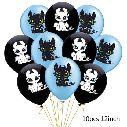 1set How Train Dragon Balloons No Teeth Toothlessing Green Eye Black Loong Party Decoration Happy Birthday Banner Cake Topper